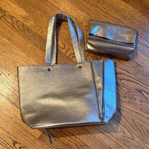 Neiman Marcus Unisex Shimmering Light Bronze Tote with Pouch Zipper Detail